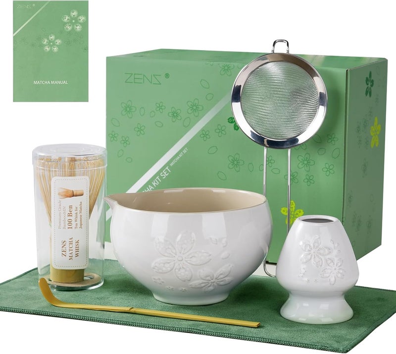 Zens Matcha Whisk Set, Ceramic Matcha Set Includes 15oz Sakura Bowl, Bamboo Whisk & Chasen Holder, Scoop & Sifter-Tea Towel, 6pcs Matcha Kit for Matcha Lovers, White - Image 1
